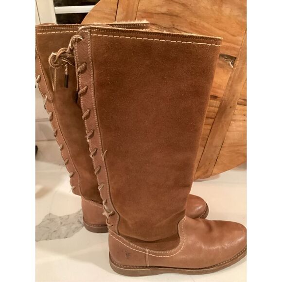 Frye Womens Celia Shearling Back Lace Boot Sz 9 Leather Fawn 16” Shaft - Picture 3 of 9